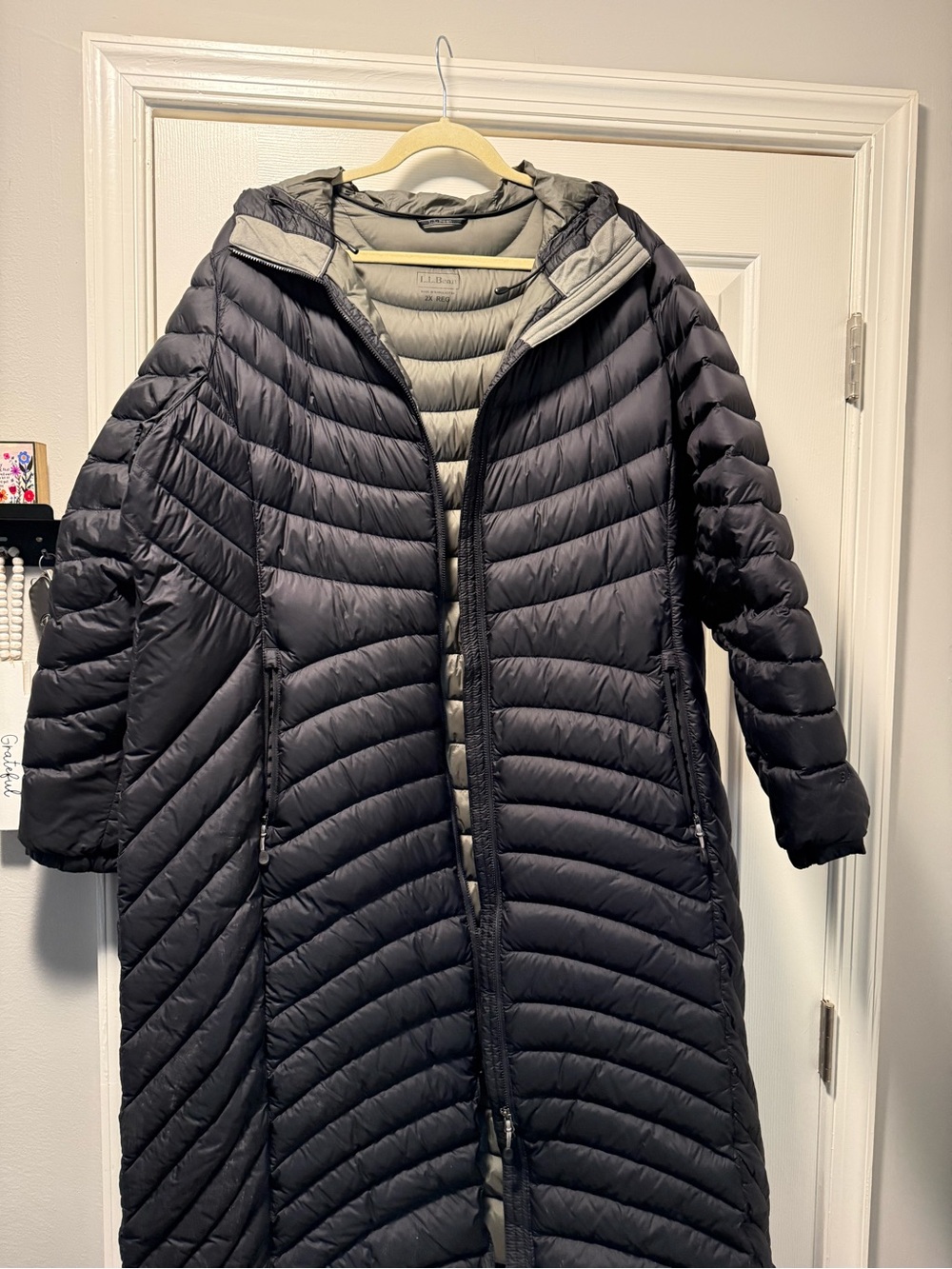 L.L. Bean Long Hooded Puffer Coat - Black with Light Gray Lining